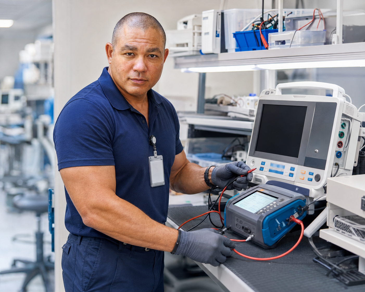 Biomedical technician performing medical equipment maintenance
