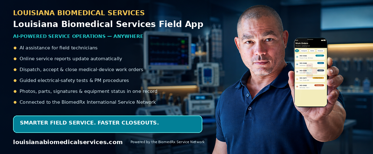 Louisiana Biomedical Field — AI-powered field-service mobile app; automatic online service reports, work-order dispatch, and closeout