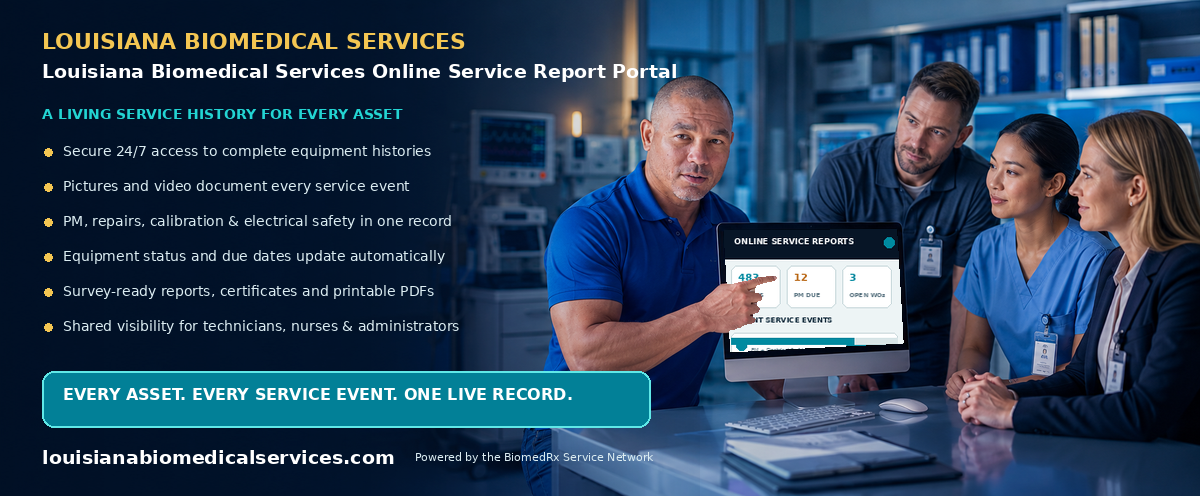 Louisiana Biomedical Services Online Service Report Portal — every service event, live in your secure online report portal; view a sample report